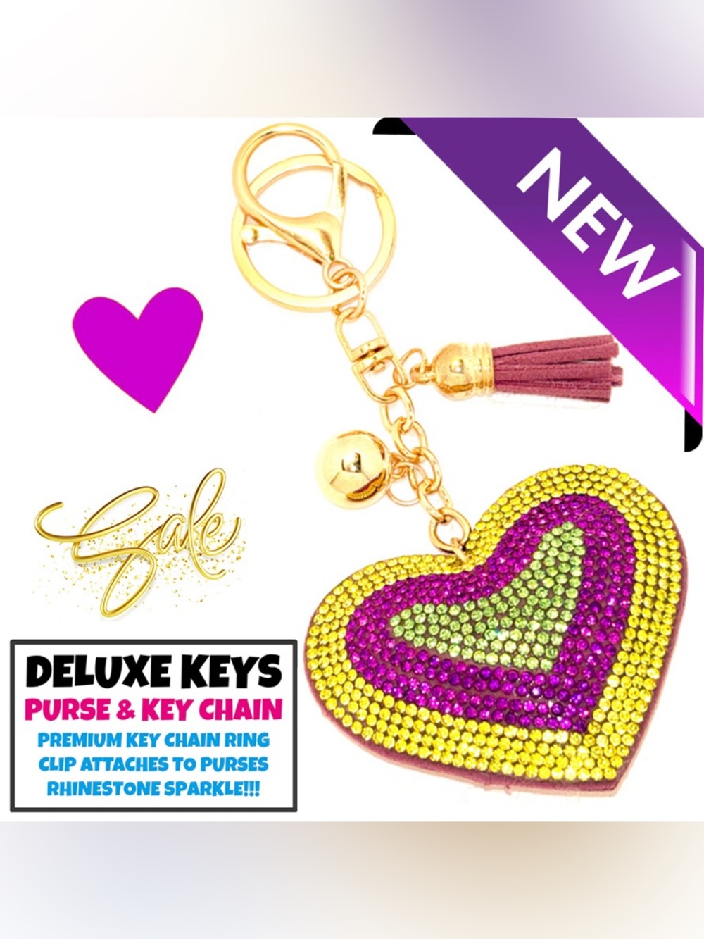 DeLuxe Keys Rhinestone Keychain/Purse Chain TRI COLOR HEART
